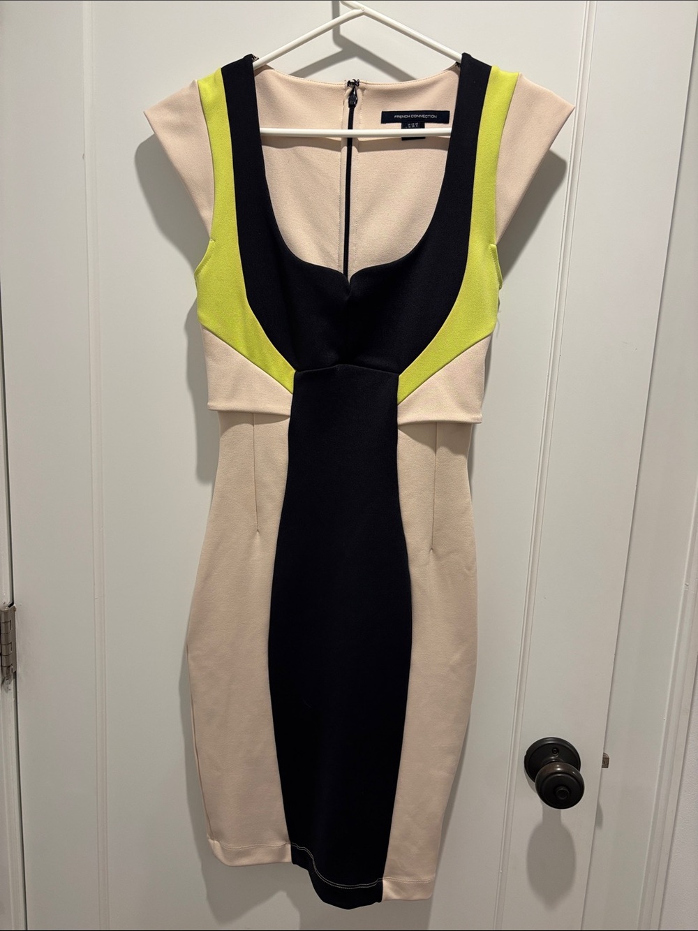 French Connection Black, Cream & Neon Yellow Colorblock Midi Sheath Dress